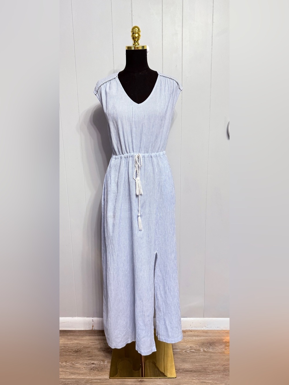 J. Crew Light Blue /White V-Neck Maxi Dress with Tassel Tie